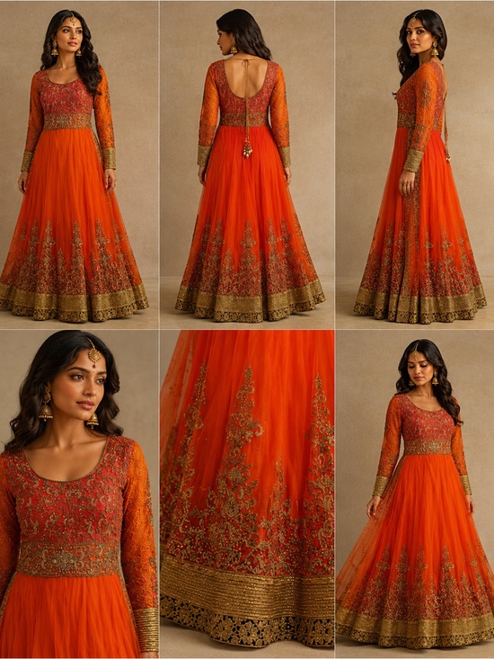 Handmade Dresses & Skirts - BOLLYWOOD FORMAL Beaded Ball Gown Women’s L Orange Full-Length Evening Dress